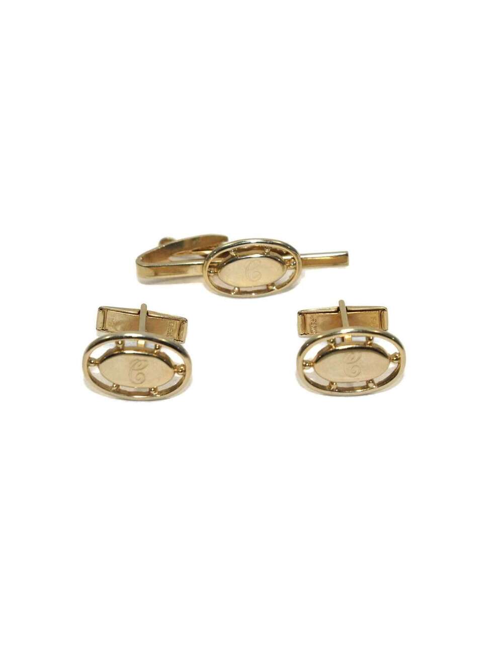Vintage Gold Tone Matching Monogram "C" Oval Cuff Links and Tie Clip.